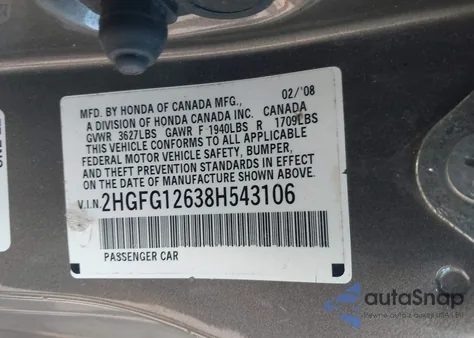 2008 Honda Civic Lx из США, поврежденный, VIN 2HGFG12638H543106